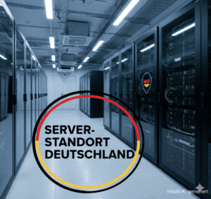 Ein moderner Serverraum mit Reihen von Serverschränken und Kabeln. Darüber liegt eine kreisförmige Grafik mit den Farben der deutschen Flagge und dem Text "SERVERSTANDORT DEUTSCHLAND". In der Ecke steht "Inhalt KI-generiert".