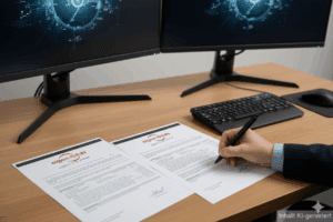 Eine Person unterschreibt an einem Schreibtisch mit zwei Computermonitoren, einer Tastatur und einer Maus Dokumente mit der Aufschrift "eigenSINN". Der Bildschirm zeigt eine digitale Schnittstelle, und die Dokumente scheinen formelle Papiere oder Verträge zu sein.