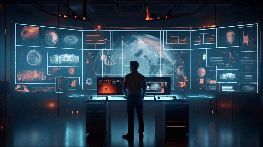 Eine Person steht in einem Hightech-Kontrollraum vor großen gebogenen Bildschirmen, auf denen Karten, Daten und Bilder der Erde und des Weltraums angezeigt werden - eine Umgebung, die an die fortschrittlichen Domains und Webhosting-Technologien von All-Inkl erinnert.