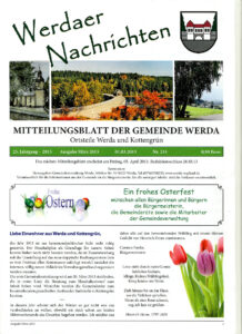 Titelseite eines deutschen Gemeindeblattes, "Werdaer Nachrichten", mit Ostergrüßen, bunten Tulpen und verzierten Eiern. Oben befinden sich Textabschnitte und ein kleines Bild eines Gebäudes.