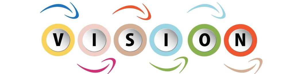 Das Wort "VISION" steht in fetten schwarzen Buchstaben in einem bunten Kreis. Geschwungene Pfeilformen in passenden Farben umgeben die Kreise auf weißem Hintergrund - perfekt für das Branding der Vogtland Unternehmensberatung oder Fördermittelberatung.